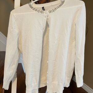 Cable & Gauge White Button Down Shirt with Embellished Neckline